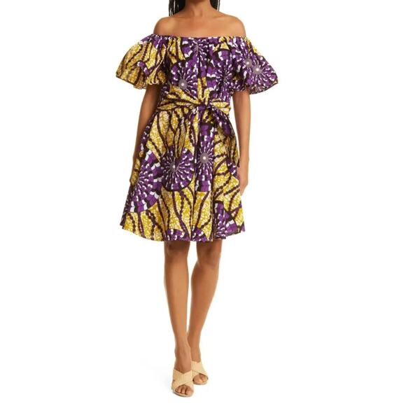 The Oula Company Convertible Off The Shoulder Dress Belted Purple Yellow - Picture 1 of 6